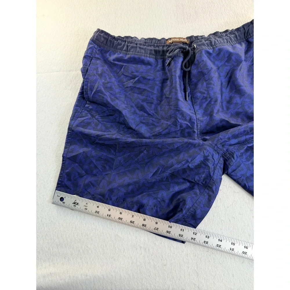 Michael Kors Mens Navy Blue Monogram Logo Swim Trunks Shorts Size L Drawstring
